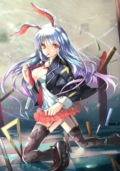 Anime picture 1900x2688 with touhou reisen udongein inaba long hair tall image highres light erotic red eyes animal ears blue hair bunny ears kneeling mouth hold bunny girl checkered girl thighhighs black thighhighs miniskirt ruler