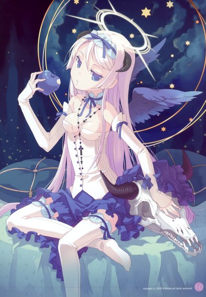 Anime-Bild 2098x3031 mit original blonde blossom (artbook) h2so4 single long hair tall image looking at viewer highres breasts blue eyes blonde hair sitting cleavage head tilt horn (horns) scan no shoes girl thighhighs skirt