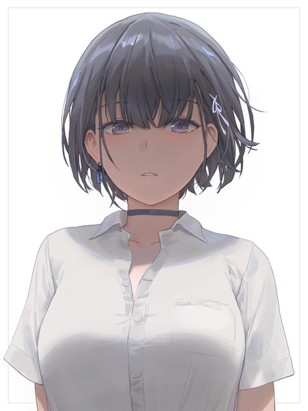 Anime picture 3000x4000 with original free style (yohan1754) single tall image looking at viewer fringe highres short hair blue eyes black hair simple background hair between eyes white background upper body parted lips short sleeves open collar framed girl ribbon (ribbons)