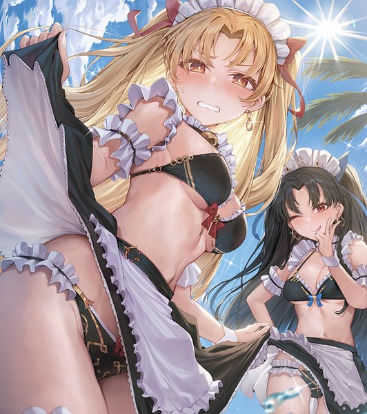 Anime picture 868x979 with fate (series) fate/grand order ishtar (fate) ereshkigal (fate) neshia (tsaqif0309) long hair tall image looking at viewer blush breasts light erotic black hair blonde hair smile red eyes standing bare shoulders multiple girls sky cleavage