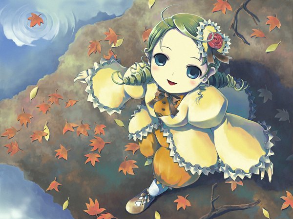 Anime picture 1024x768 with rozen maiden kanaria ranranloo blue eyes smile ahoge green hair drill hair frills leaf (leaves)