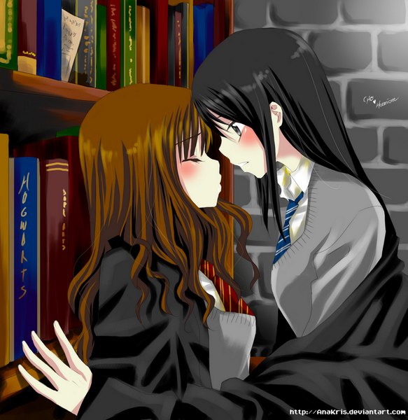 Anime picture 825x849 with harry potter hermione granger cho chang anakris long hair tall image blush fringe breasts black hair brown hair multiple girls signed looking away indoors eyes closed profile black eyes shoujo ai face to face