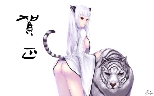 Anime picture 1680x1050 with cait long hair light erotic wide image white background brown eyes animal ears ass white hair tail animal tail tiger ears tiger tail tiger girl girl underwear panties animal tiger white tiger