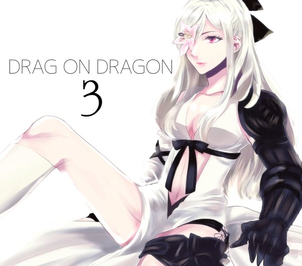 Anime picture 1592x1404 with drakengard drag-on dragoon 3 zero (drag-on dragoon) towa (pixiv id154154) single long hair fringe light erotic red eyes looking away cleavage white hair hair over one eye inscription copyright name pale skin reclining underbust flower over eye girl
