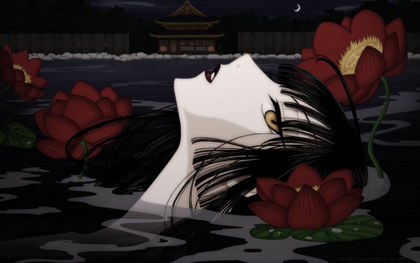 Anime picture 2560x1600 with xxxholic clamp ichihara yuuko long hair looking at viewer highres open mouth black hair wide image yellow eyes profile wallpaper girl flower (flowers) water japanese house water lily