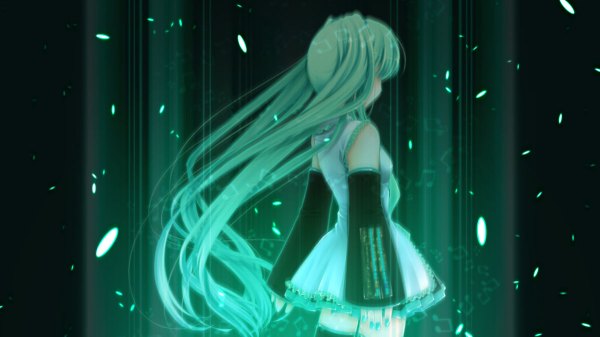 Anime picture 1200x675 with vocaloid hatsune miku single long hair wide image twintails aqua hair girl detached sleeves musical note