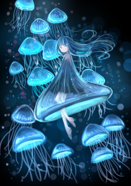 Anime picture 1000x1414 with mia0309 single long hair tall image blush blue eyes blue hair barefoot underwater girl dress water bubble (bubbles) blue dress jellyfish