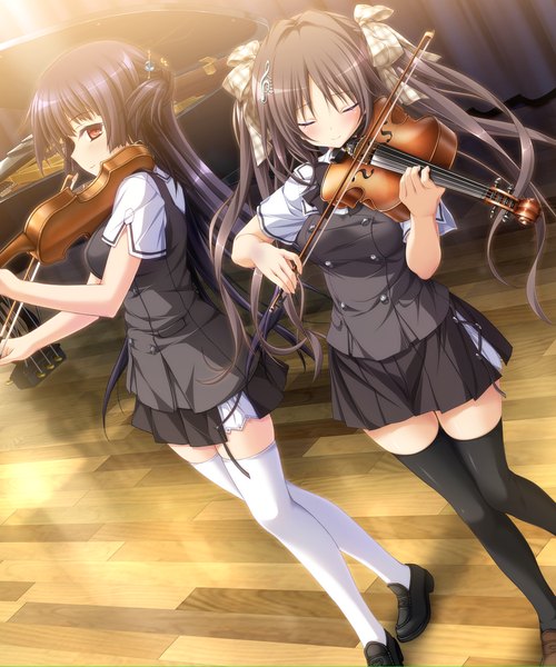 Anime picture 1280x1536 with chrono clock andou misaki sawatari michiru koku long hair tall image blush black hair red eyes brown hair multiple girls game cg eyes closed playing instrument girl thighhighs skirt uniform bow black thighhighs