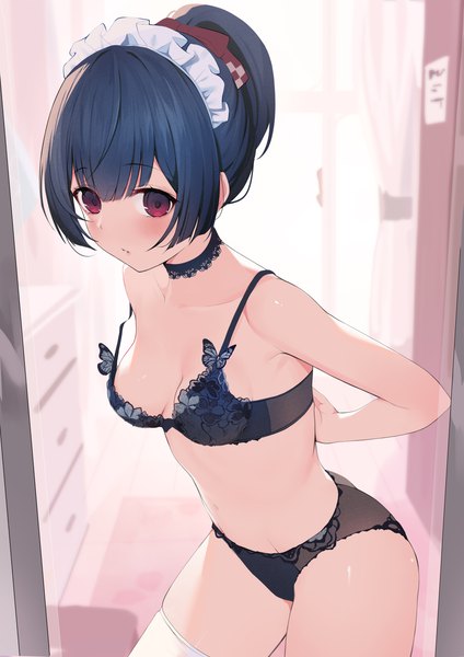 Anime picture 2480x3508 with idolmaster idolmaster shiny colors morino rinze gin00 single tall image looking at viewer blush fringe highres short hair breasts light erotic black hair red eyes large breasts standing payot ponytail indoors