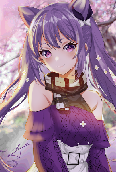 Anime picture 3307x4900 with genshin impact keqing (genshin impact) keqing (lantern rite) (genshin impact) den den489 single long hair tall image looking at viewer blush fringe highres smile hair between eyes purple eyes twintails bare shoulders signed absurdres purple hair upper body