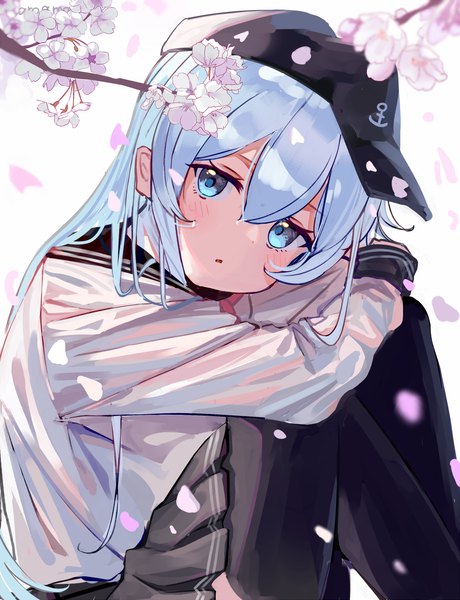 Anime picture 1000x1303 with kantai collection hibiki destroyer aroa (aroamoyasi) single long hair tall image looking at viewer blush fringe blue eyes hair between eyes sitting blue hair :o cherry blossoms girl uniform flower (flowers) hat petals