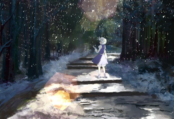 Anime picture 2952x2031 with touhou letty whiterock ankh order single highres short hair blue eyes standing looking away full body outdoors white hair long sleeves profile from behind puffy sleeves lens flare snowing winter snow