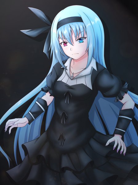 Anime picture 1821x2435 with tensei shitara slime datta ken 8bit luminous valentine lin (cloverholic) single long hair tall image looking at viewer fringe highres breasts blue eyes simple background hair between eyes red eyes standing payot blue hair short sleeves puffy sleeves