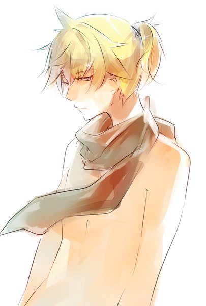 Anime picture 1181x1748 with vocaloid kagamine len yunomachi single tall image short hair light erotic blonde hair white background topless sad boy scarf