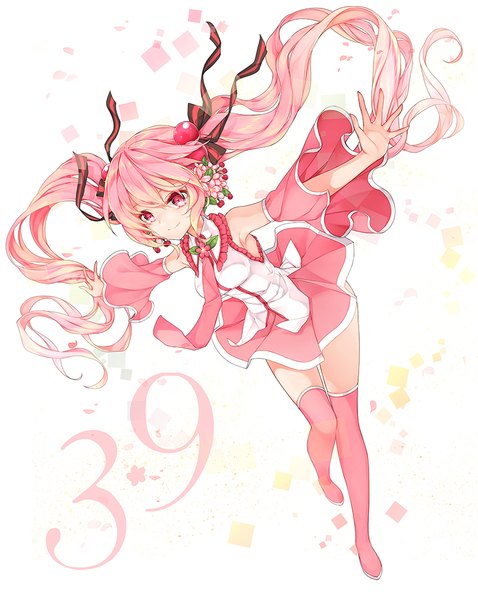 Anime picture 797x1000 with vocaloid hatsune miku sakura miku juna single tall image looking at viewer smile twintails pink hair very long hair pink eyes hair flower 39 girl skirt hair ornament flower (flowers) ribbon (ribbons) hair ribbon