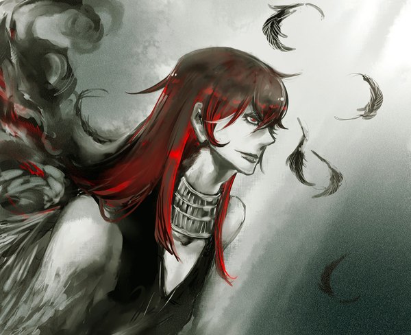 Anime picture 1500x1220 with original ying (artist) single red eyes bare shoulders profile multicolored hair lips monochrome boy wings feather (feathers)
