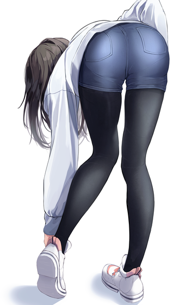 Anime picture 1500x2348 with original seero single long hair tall image light erotic black hair simple background standing white background full body ass long sleeves from behind bent over legwear under shorts adjusting footwear girl pantyhose shoes