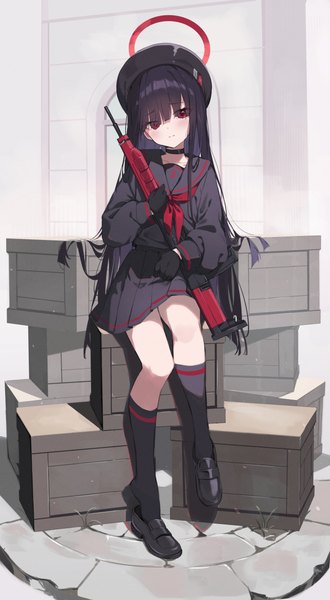 Anime picture 2107x3834 with blue archive justice committee club member (blue archive) timo wei95 single long hair tall image looking at viewer highres black hair red eyes sitting full body head tilt girl gloves uniform weapon choker black gloves socks