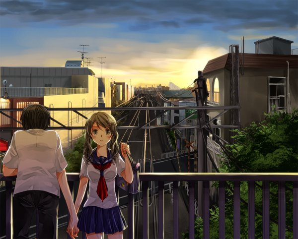 Anime picture 1500x1206 with original iroha (shiki) long hair blush short hair black hair brown hair twintails brown eyes sky couple holding hands evening sunset girl boy shirt serafuku house railways