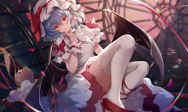 Anime picture 1822x1087 with touhou remilia scarlet azusa0v0 single looking at viewer fringe highres short hair hair between eyes red eyes wide image blue hair nail polish bat wings girl thighhighs dress hat white thighhighs wings