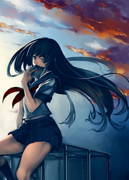 Anime picture 1846x2590 with original yunoji (makuswel) single long hair tall image highres blue eyes black hair sitting cloud (clouds) pleated skirt evening covering girl skirt uniform serafuku book (books) ascot