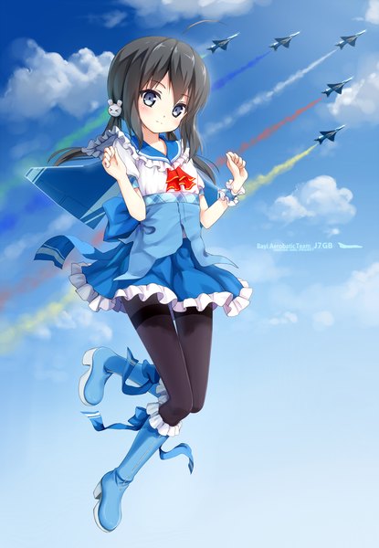 Anime picture 1500x2166 with original hagi (ame hagi) single long hair tall image looking at viewer blush blue eyes black hair sky cloud (clouds) girl dress pantyhose boots frills black pantyhose airplane jet
