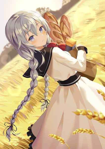 Anime picture 1447x2046 with mushoku tensei studio bind roxy migurdia hyonee single long hair tall image looking at viewer blush fringe breasts blue eyes smile hair between eyes standing holding payot silver hair outdoors braid (braids)