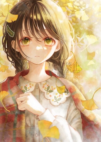 Anime picture 1065x1490 with original ginniroya single long hair tall image looking at viewer brown hair green eyes upper body braid (braids) twin braids autumn girl hairclip leaf (leaves) blouse autumn leaves ginkgo