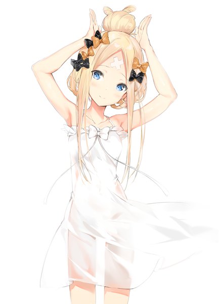 Anime picture 1300x1800 with fate (series) fate/grand order abigail williams (fate) silver (chenwen) single long hair tall image looking at viewer blush blue eyes simple background blonde hair smile standing white background payot head tilt arms up armpit (armpits) hair bun (hair buns)