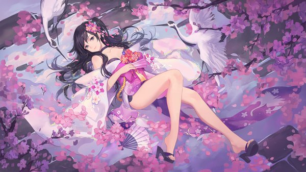 Anime picture 1920x1080 with original criin single long hair looking at viewer fringe highres light erotic black hair smile wide image bare shoulders bent knee (knees) outdoors lying traditional clothes japanese clothes light smile black eyes off shoulder