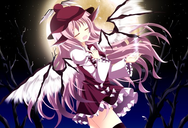Anime picture 1900x1300 with touhou mystia lorelei stigma1101 long hair highres open mouth animal ears pink hair eyes closed night girl hat wings moon star (stars)