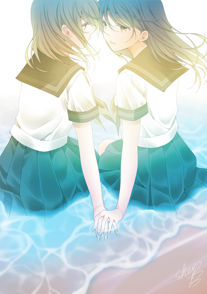 Anime picture 1500x2125 with original sheepd long hair tall image black hair brown hair multiple girls brown eyes signed wind partially submerged holding hands shoujo ai eye contact girl uniform 2 girls water serafuku