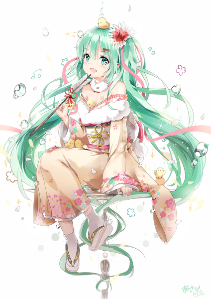 Anime picture 1442x2039 with vocaloid hatsune miku asahi kuroi single tall image looking at viewer blush fringe open mouth simple background hair between eyes white background sitting twintails bare shoulders holding green eyes signed full body bent knee (knees)