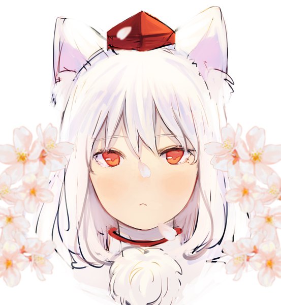 Anime picture 2894x3136 with touhou inubashiri momiji ikoan single tall image looking at viewer highres short hair red eyes white background animal ears white hair cherry blossoms portrait wolf ears wolf girl girl flower (flowers) petals pom pom (clothes)