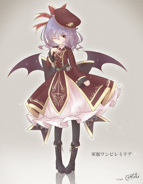 Anime picture 2472x3166 with touhou remilia scarlet coreytaiyo single long hair tall image looking at viewer fringe highres hair between eyes red eyes standing signed purple hair full body long sleeves one eye closed pointy ears alternate costume dated