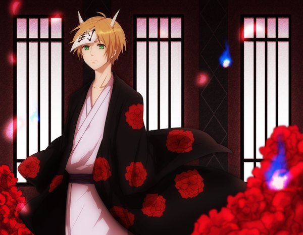 Anime picture 1350x1050 with natsume yuujinchou brains base (studio) natsume takashi single short hair blonde hair green eyes traditional clothes horn (horns) hieroglyph boy flower (flowers) mask ofuda