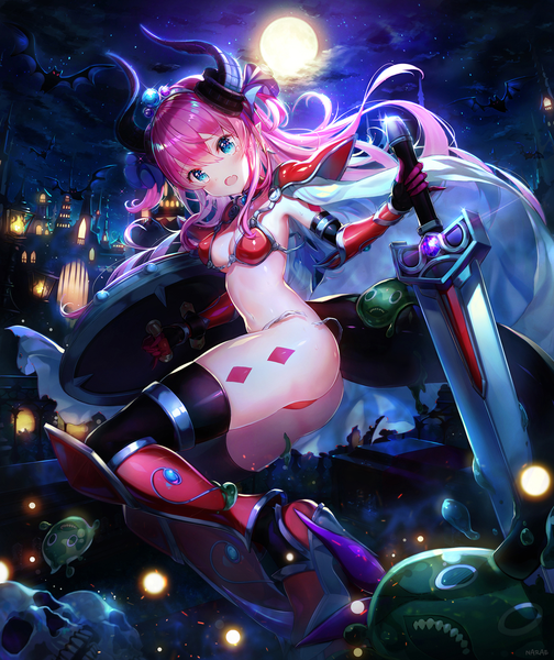 Anime picture 1507x1795 with fate (series) fate/extra fate/extra ccc elizabeth bathory (fate) (all) elizabeth bathory (brave) (fate) narae single long hair tall image looking at viewer blush fringe breasts open mouth blue eyes light erotic hair between eyes holding signed pink hair