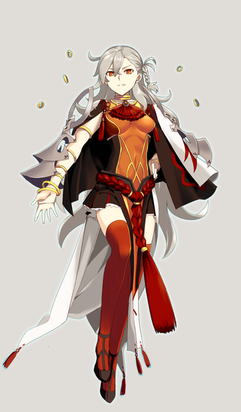 Anime picture 926x1580 with fate (series) fate/grand order olga marie animusphere ningen (ningen96) single long hair tall image looking at viewer fringe breasts simple background hair between eyes full body braid (braids) parted lips grey hair grey background orange eyes hand on hip covered navel