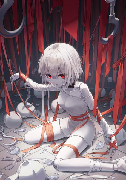 Anime picture 4036x5734 with original myung yi single tall image looking at viewer fringe highres short hair hair between eyes red eyes sitting absurdres white hair indoors parted lips from above tears wariza crying expressionless
