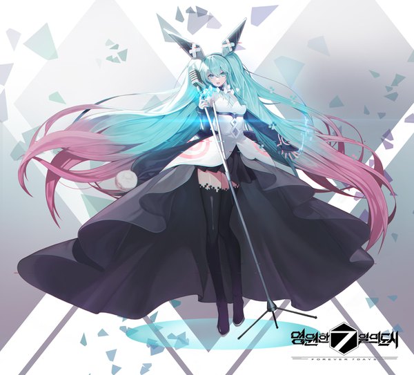 Anime picture 3873x3508 with forever 7th capital vocaloid hatsune miku chicken (dalg-idalg) single fringe highres hair between eyes twintails animal ears absurdres full body very long hair multicolored hair aqua eyes aqua hair two-tone hair official art copyright name fake animal ears