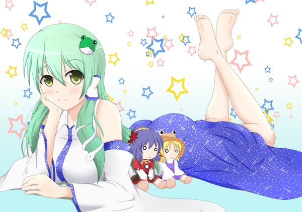 Anime picture 2480x1748 with touhou kochiya sanae moriya suwako yasaka kanako kochiya hiduki (artist) long hair highres smile bare shoulders yellow eyes lying barefoot green hair head rest girl hair ornament detached sleeves star (symbol) toy hair tubes