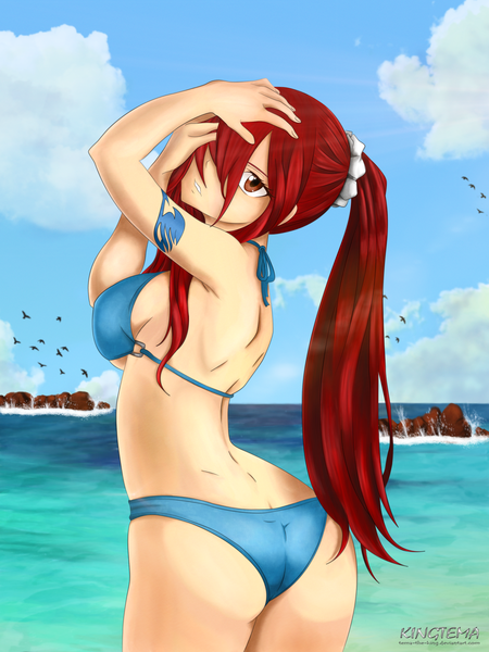 Anime picture 2496x3329 with fairy tail erza scarlet tema-the-king single long hair tall image fringe highres breasts light erotic large breasts brown eyes sky cloud (clouds) ponytail red hair looking back hair over one eye tattoo coloring