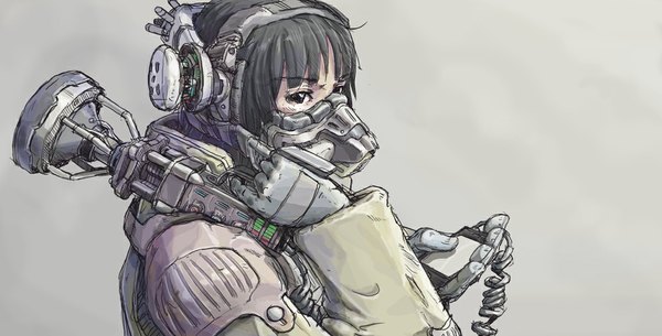 Anime picture 1024x522 with original sukabu single short hair black hair simple background wide image black eyes girl gloves weapon gun phone headset iphone