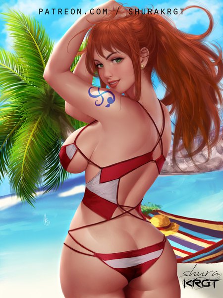Anime picture 600x800 with one piece toei animation nami (one piece) shurakrgt single long hair tall image looking at viewer fringe breasts light erotic smile large breasts standing bare shoulders green eyes signed payot sky cloud (clouds)