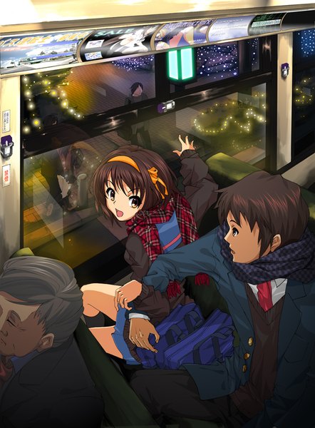 Anime picture 624x847 with suzumiya haruhi no yuutsu kyoto animation suzumiya haruhi kyon ikechi tall image fringe short hair open mouth brown hair sitting brown eyes bent knee (knees) pleated skirt grey hair holding hands checkered plaid sitting on person old man