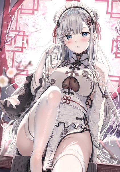 Anime picture 1470x2094 with original tomoo (tomo) single long hair tall image looking at viewer blush fringe breasts light erotic large breasts sitting bare shoulders silver hair bent knee (knees) indoors long sleeves traditional clothes parted lips head tilt