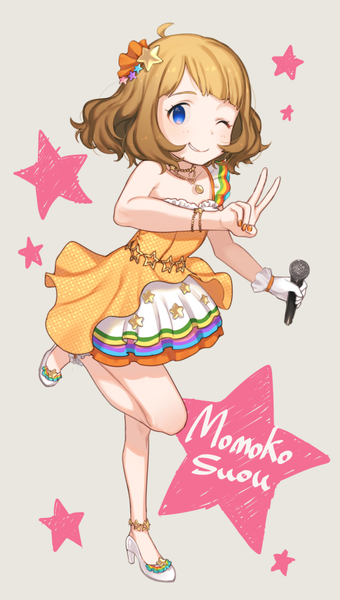 Anime picture 511x900 with idolmaster idolmaster million live! suou momoko mimizubare single tall image looking at viewer fringe short hair blue eyes smile brown hair standing full body ahoge bent knee (knees) nail polish one eye closed wink grey background