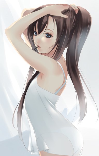 Anime picture 1400x2200 with getbackers studio deen fuuchouin kazuki hirai chika single long hair tall image blue eyes simple background brown hair white background ponytail mouth hold otoko no ko boy