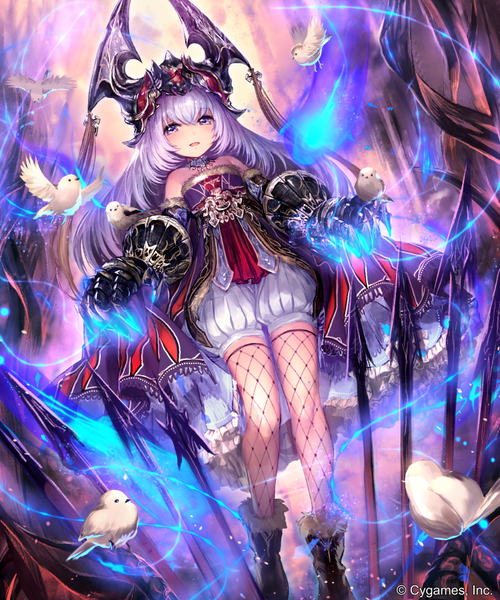 Anime picture 750x900 with shadowverse little soulsquasher irua single long hair tall image looking at viewer blush fringe open mouth hair between eyes standing purple eyes bare shoulders purple hair official art dutch angle fur trim glowing bird on hand