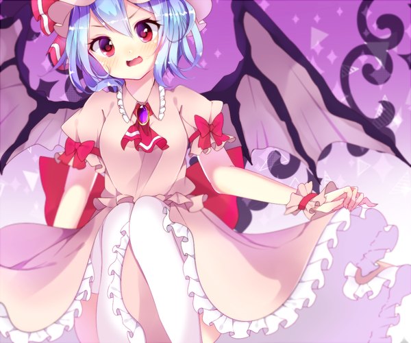 Anime picture 1200x1000 with touhou remilia scarlet motsuni (lxxe1120) single looking at viewer blush short hair open mouth red eyes blue hair girl dress wings bonnet neckerchief brooch